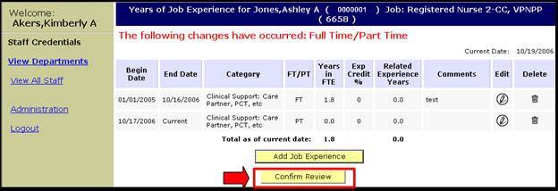 Confirm that the information entered for the current job experience record is correct.