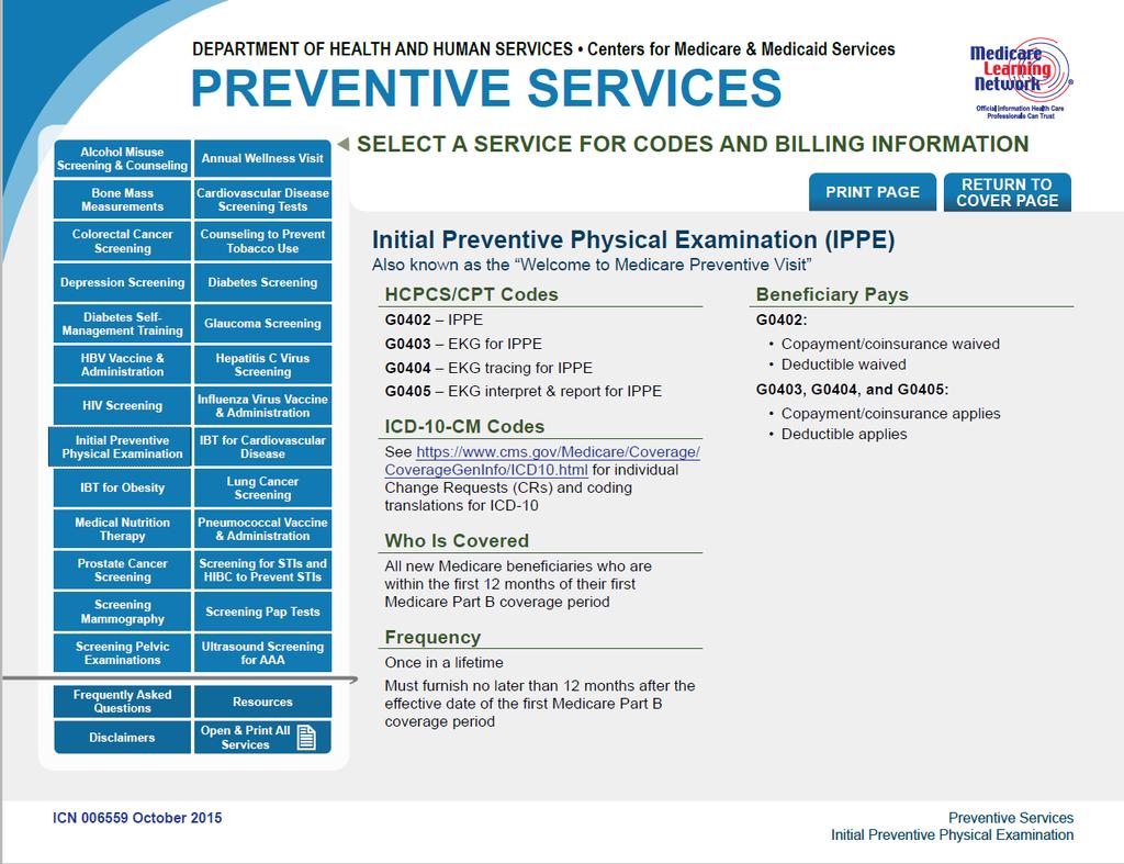 Quick Reference Chart Initial Preventive Physical