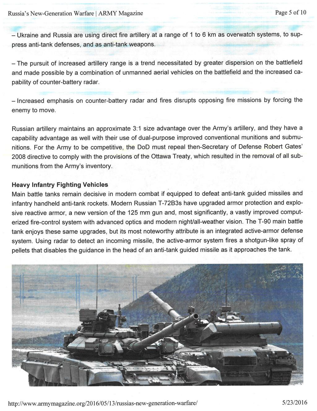 Page 5 of 10 Russia's New-Generation Warfare A R M Y Magazine a- - Ukraine and Russia are using direct fire artillery at a range of 1 to 6 km as ovenatatch systems, to suppress anti-tank defenses,