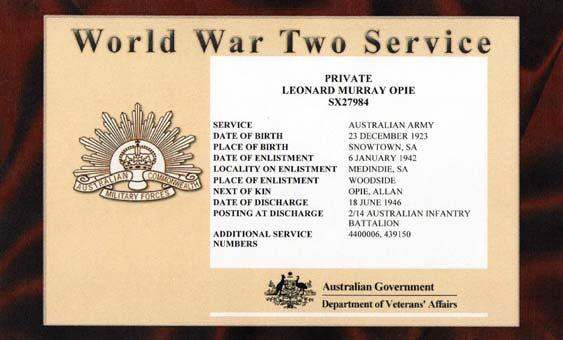 Killed in Action (KIA) War Graves Medals and Decorations awarded Examples of information that can be obtained: Record of Service for a discharged Service Person from all Wars and Campaigns: - World