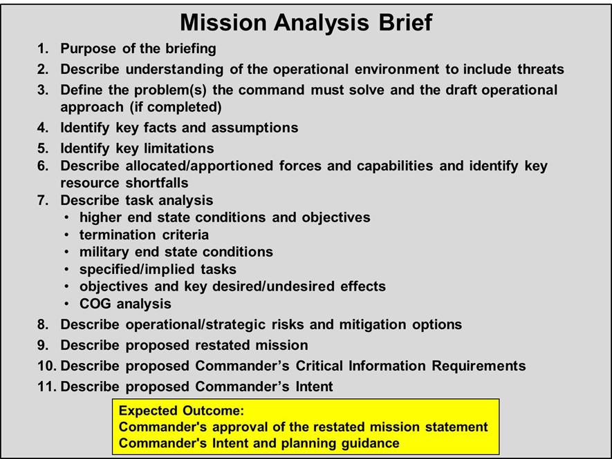 Figure 20: Sample Mission Analysis Brief Agenda n. Develop and issue the refined commander s intent and planning guidance.