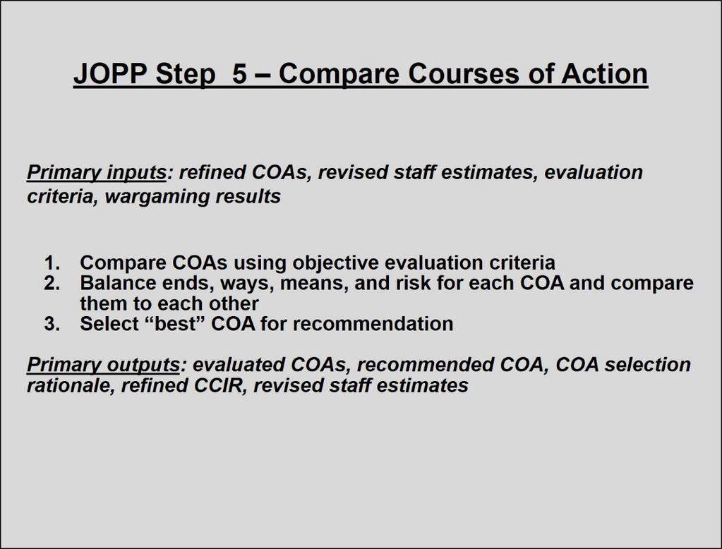 6. Compare Courses of Action. After rigorous independent analysis of each COA, the JPG compares the COAs using a common set of criteria.