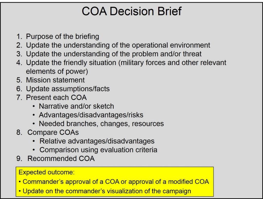Figure 29: Sample COA Decision Brief Agenda During the brief, it is important that dissenting views be heard so that the commander can understand all aspects of the analysis.