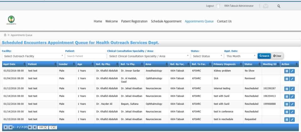 Appointment queue displays all appointments to the administrator who is managing the health outreach