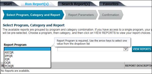 The Run Reports tab appears. The Run Reports tab 4. Select PCHQR from the Report Program drop-down. The Run Reports tab prompts the selection of a report category.