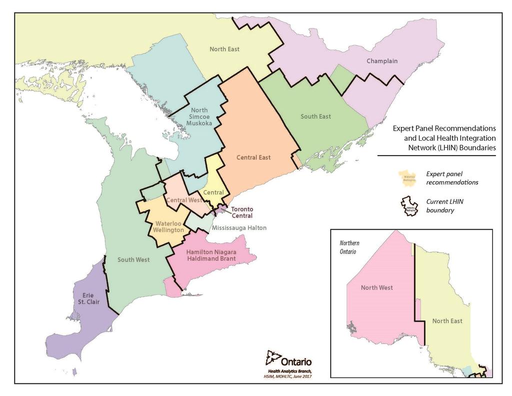 Figure 4: Proposed Boundaries Mapped Against Current LHIN Boundaries With the recommended boundaries, the