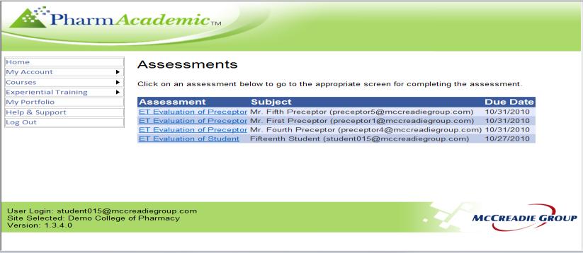 Viewing Completed Evaluations From the PharmAcademic home page, the All tab of the Assessments tab set displays all evaluations which have been assigned to the preceptor.