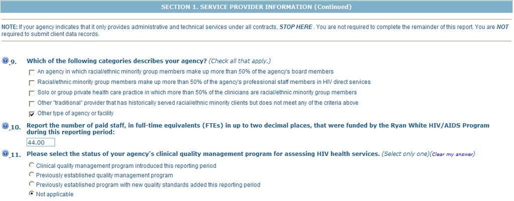 Figure 10. RSR Provider Report Online Form: Screenshot of the Provider Information Section (Items 9 11) 11.