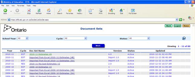 This screen is the Document Set Page.