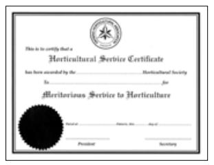 SECTION 1 AWARDS AVAILABLE FOR MEMBERS AND PRESENTED BY THE SOCIETY HORTICULTURAL SERVICE CERTIFICATE One award per year may be given by a Society.