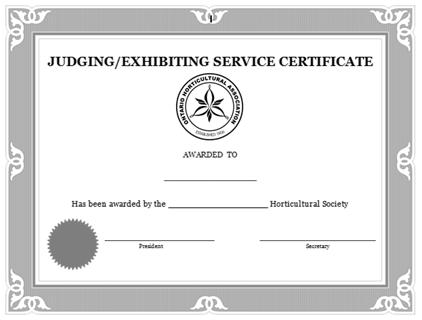 Judging/Exhibiting Service Certificates are supplied free of charge and are inscribed by the Association. The Seal of the Association is affixed.
