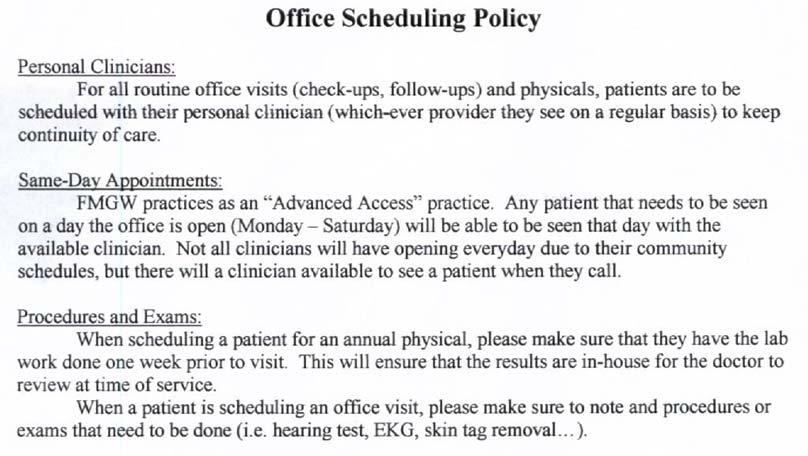 PCMH 1A1: Example Scheduling Policy General Internal