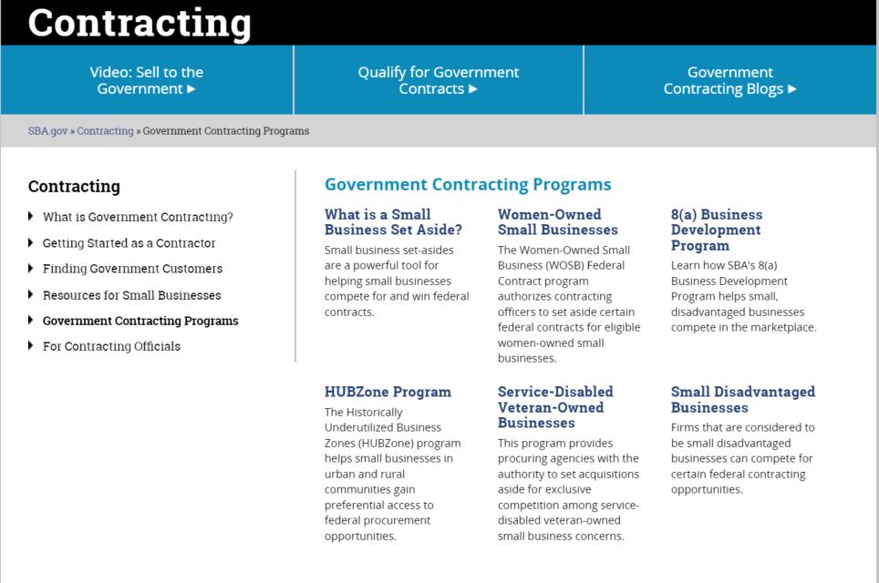 Federal Government Small Business Programs https://www.sba.