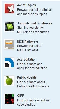 New quick links next steps Browse A-Z clinical and medicines topics with short cuts Links to databases, journals and books via Athens if you work for the NHS or you are on placement NICE Pathways For