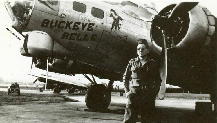 Aircraft number 44-8541 known as "Buckeye Belle" shown here with unknown crew man.