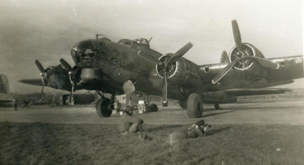 A full picture of Satin s Playmate a B-17 aircraft numbered 42-97510. It was model 17G-15-VE with the markings of BK*A. Picture courtesy of Lt. Leif R.