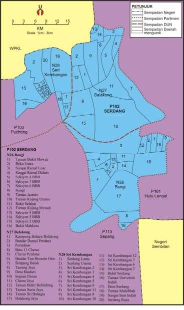Rajah 2 Peta persempadanan kawasan daerah mengundi (DM) dan dewan undangan negeri (DUN) dalam parlimen Serdang Sumber: Diubahsuai daripada Pelan Warta (PW) Parlimen Serdang (2016) HASIL KAJIAN DAN