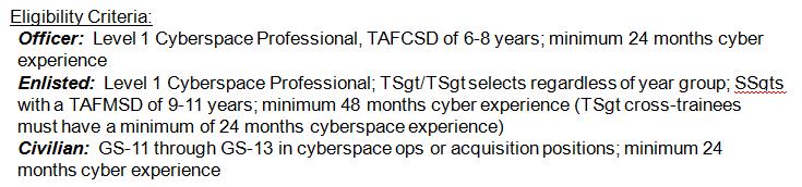 Figure 6 - Cyberspace 200 Eligibility Criteria (Space & Cyberspace Professional Management Office, 2010, p. 10) The next course is Cyberspace 300, also taught at Wright-Patterson Air Force Base, Ohio.