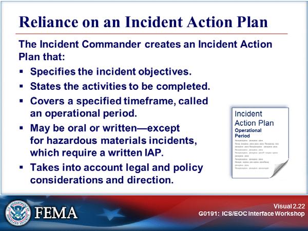 CONCEPTS, PRINCIPLES, AND STRUCTURE OF ICS Visual 2.22 Every incident, large or small, requires some form of an Incident Action Plan (IAP).
