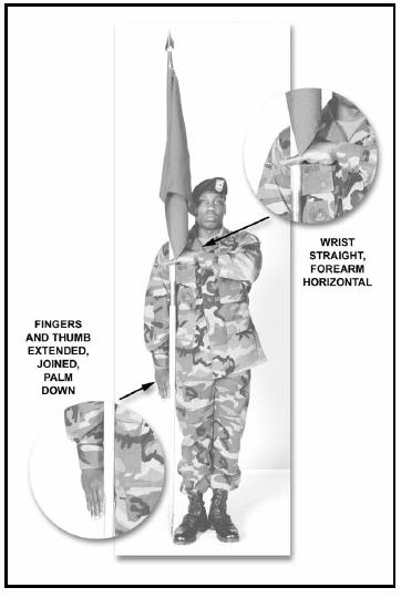 H-7. GUIDON BEARER S SALUTE When the guidon bearer (not in formation) has to salute from the order or carry position, the Salute is given with the left hand.