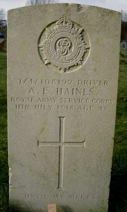 HAINES, ARTHUR ERNEST. Driver, T4/108192. 18th Reserve Park, Army Service Corps. Died Thursday 11 July 1918. Aged 45. Born Hertfordshire. Enlisted Tonbridge, Kent.