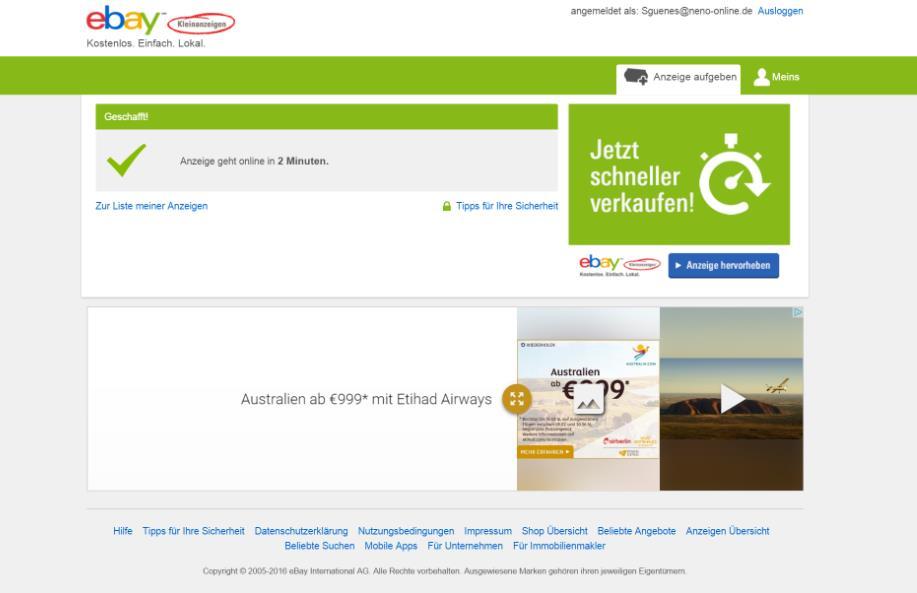 ebay Kleinanzeigen PostAd Page The PostAd Page appears directly after the offer has been