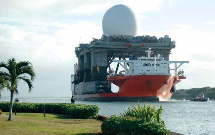 Missile Defense Agency The Sea Based X-band Radar (SBX), seen here being transported to Pearl Harbor, is a high-resolution radar based on a modified ocean-going oil drilling platform.