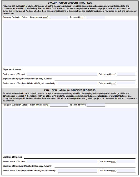 Page 5, Evaluation Form I-983: How to Complete Evaluation on Student Progress Leave Blank at the time of STEM OPT application First assessment due twelve