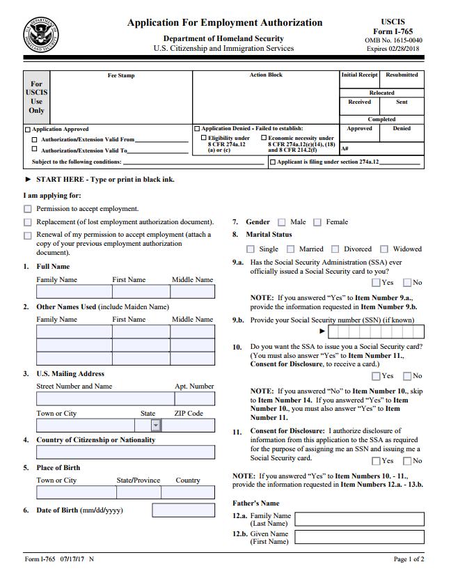 Page 1 I-765 Form: How to Complete Select
