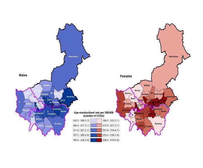 Mortality by CCGs for All Malignant Neoplasms 2011-2013 London Cancer London Cancer Alliance B & D = Barking & Dagenham, C & H = City & Hackney, H & F = Hammersmith & Fulham, H = Hillingdon, I =