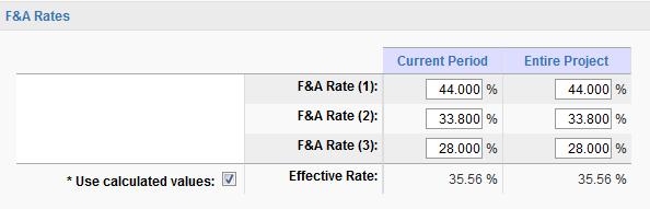 Clicking into an F&A Rate field will display a table for selecting an appropriate F&A rate: If you are using a rate that is not shown in the table, you can enter it yourself using the field with the