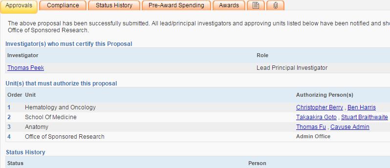 Approvals The Approvals tab shows who needs to certify and authorize the proposal for it to be approved.