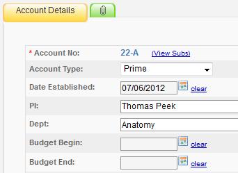 The Account record stores information relevant to your institution's process for tracking Sponsored Projects spending.