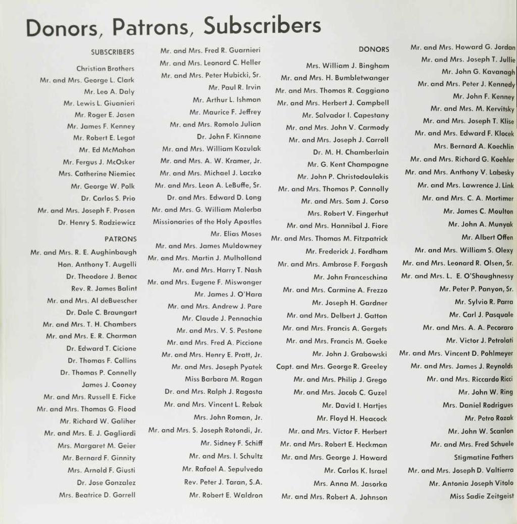 Donors, Patrons, Subscribers SUBSCRIBERS Christian Brothers Mr. and Mrs George L. Clark Mr. Leo A. Daly Mr. Lewis L. Giuanieri Mr. Roger E. Jasen Mr. James F. Kenney Mr. Robert E. Legat Mr.