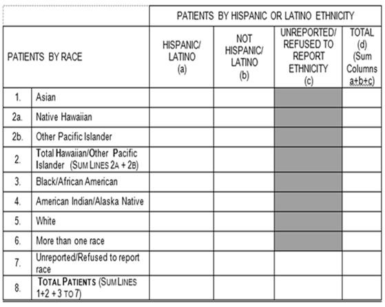 Table 3B: Patients by Hispanic or Latino Ethnicity/Race/Language Use Column B if patient does not indicate Latino or Hispanic. Use Line 6 only if patient chooses two or more listed races.