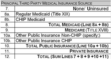 Table 4: Insurance Categories Continued CHIP, line 8b or 10b handled differently from state to state: If provided through Medicaid it is reported on Line 8b (CHIP Medicaid) If provided through a