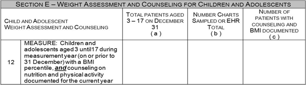 Section E, line 12:Child & Adolescent Weight Assessment & Counseling Column A: Universe All children and adolescents From aged 3 through 17 on December 31st (born 1/1/97 12/31/11) AND with at least