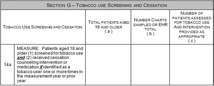 Section G, line 14a:Tobacco Use Screening & Cessation Intervention: 2014 Change Column A: Universe All adults aged 18 and older on December 31 st (born on or before 12/31/1996) AND who have been seen