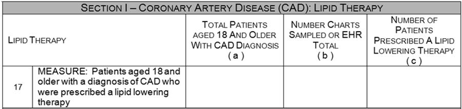Section I, line 17: Cholesterol Treatment (Lipid Therapy for CAD Patients) Column A: Universe All adults: with an active diagnosis of CAD or had a myocardial infarction (MI) or had cardiac surgery
