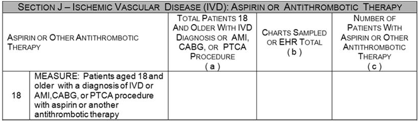 Section J, line 18: Heart Attack/Stroke Treatment (Aspirin Therapy for IVD Patients) Column A: Universe All adults: with an active diagnosis of IVD during 2013 or 2014 OR had been discharged after