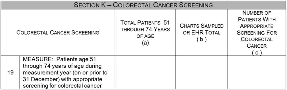 Section K, line 19: Colorectal Cancer Screening Column A: Universe Patients aged 51 through 74 born between 1/1/40 and 12/31/63 AND had at least one medical visit in a health center clinic during the