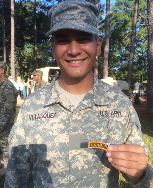 His control branch is signal, so in a few years he will become a signal officer. Since commissioning, Velasquez has attended and passed both Infantry BOLC, and the notorious Army Ranger school.