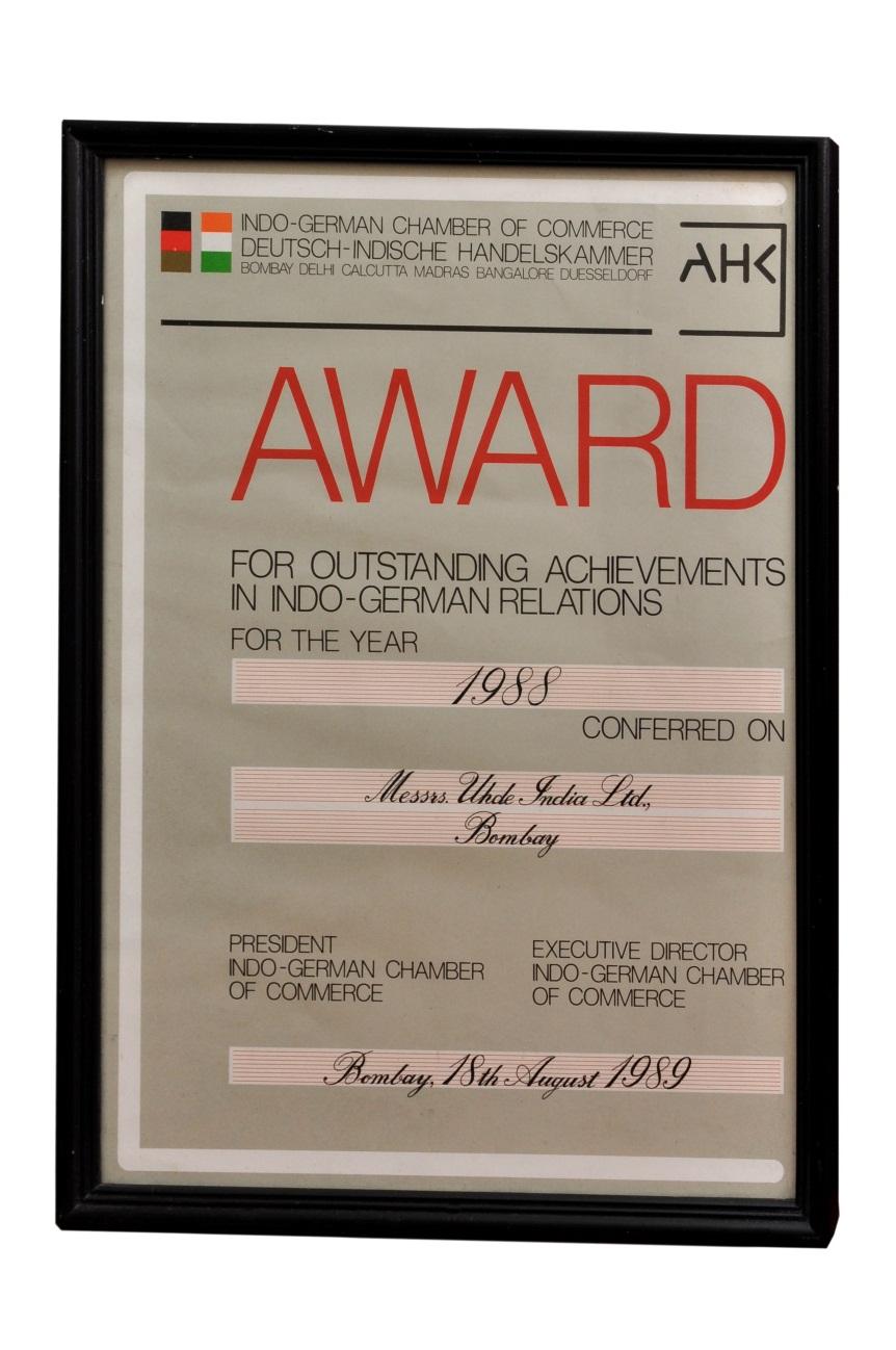 The Indo German Chamber of Commerce Award 1988 Awarded for Outstanding Achievement in Indo