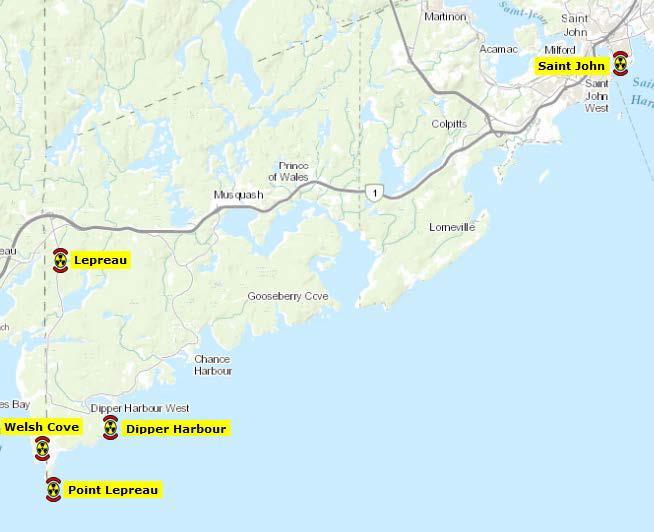 Health Canada air or deposited on the ground as a result of an atmospheric release of radioactive material There are 5 located in New Brunswick: 2.16.