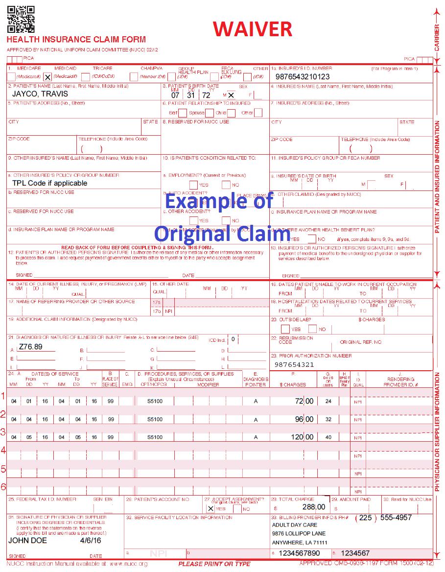 REPLACED: 04/26/16 APPENDIX E CLAIMS FILING PAGE(S) 14 SAMPLE ADHC CLAIM FORM