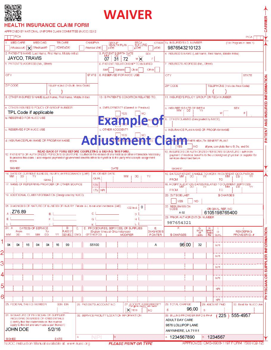 REPLACED: 04/26/16 APPENDIX E CLAIMS FILING PAGE(S) 14 SAMPLE WAIVER CLAIM FORM