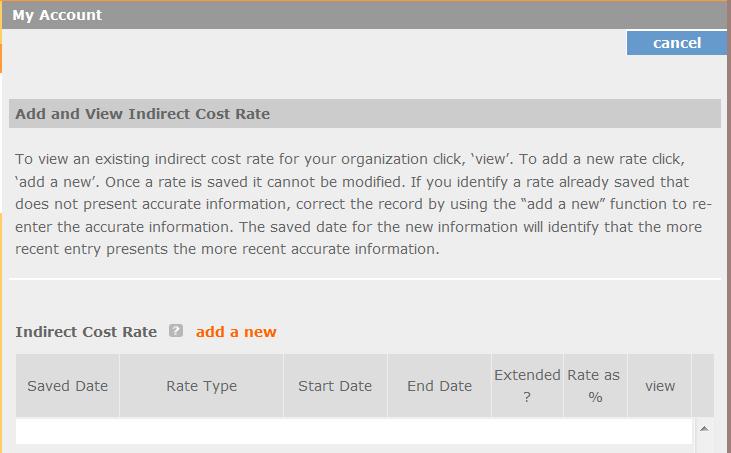 3) From the Add and View Indirect Cost Rate screen, select add a new to add a rate or cancel to back out of the screen.