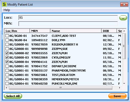 Sunquest Collection Manager Modify Patient List CLM Nurse Screen -> Specific Unit