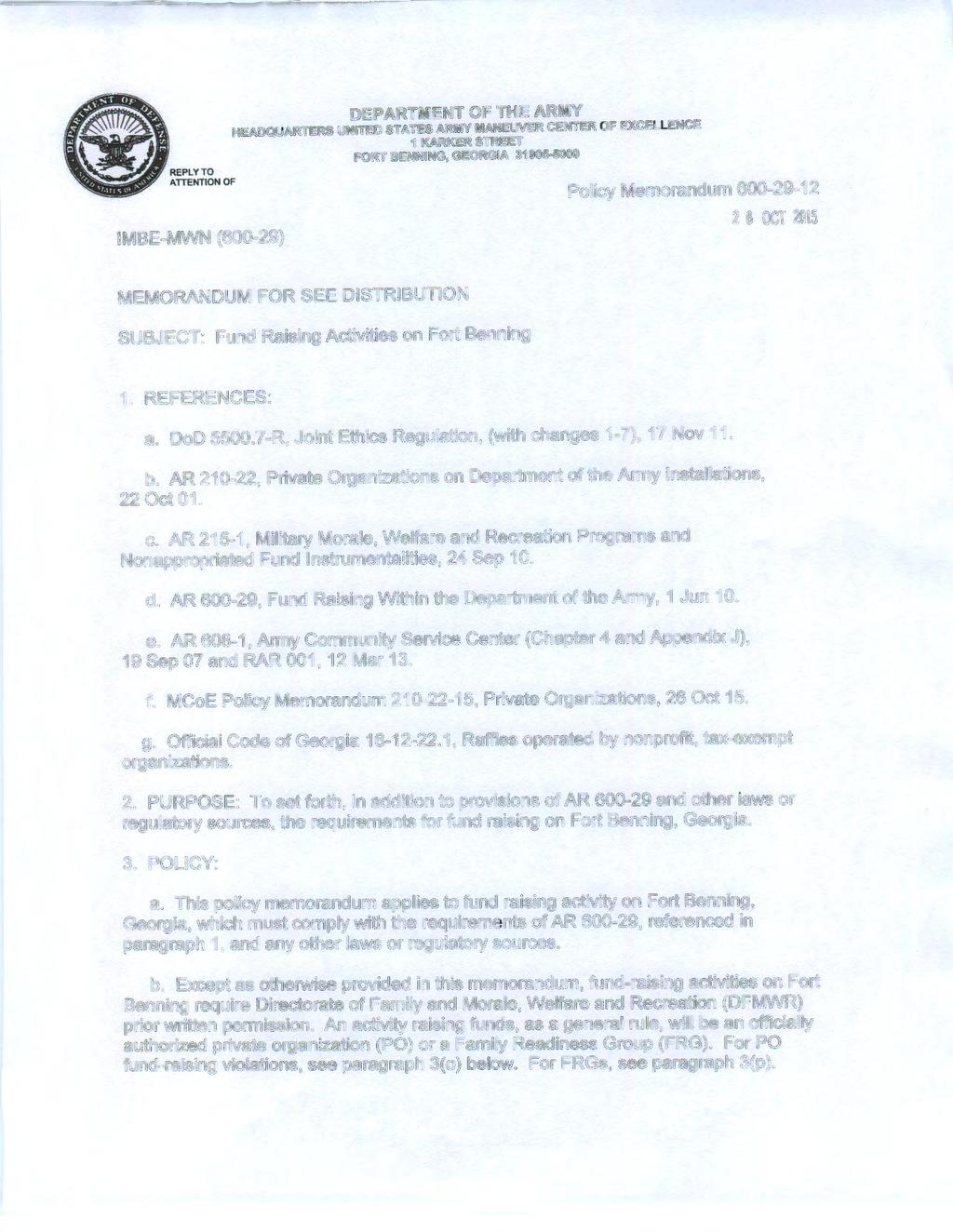 REPLY TO "T'T NT10N OF IMBE-MWN (600-29) DEPARTMENT OF THE ARMY HEADQUARTERS UNITED STA TES ARMY MANEUVER CENTER OF EXCELLENCE 1 KARKER STREET FORT BENNING, GEORGIA 31905-5000 Policy Memorandum