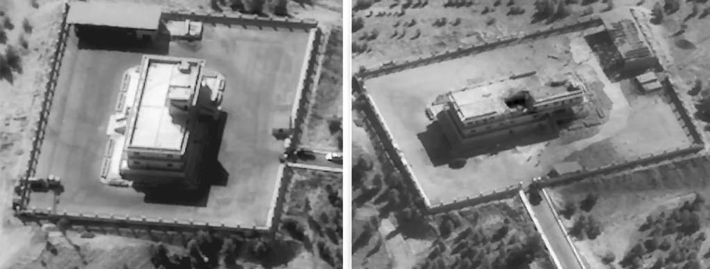 DOD photos An ISIS command and control building in Raqqa, Syria, before and after being hit by 1,000-pound JDAMs dropped by F-22s on their first combat mission.